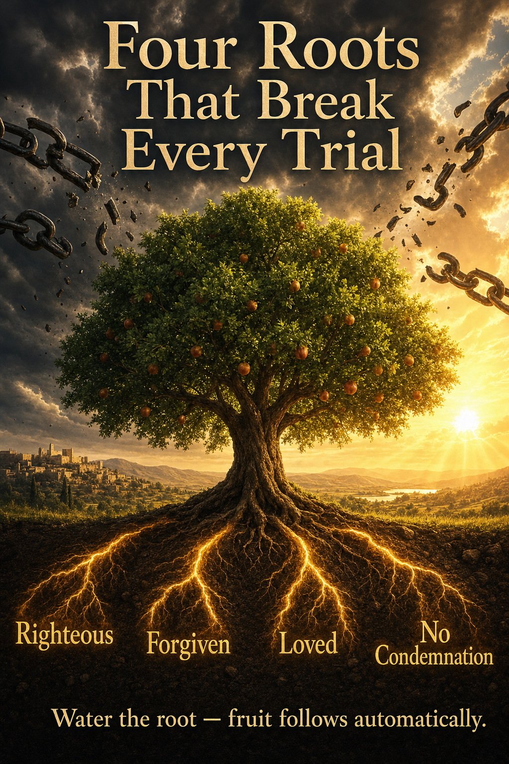 Four identity roots — righteous, forgiven, loved, no condemnation — that break every trial