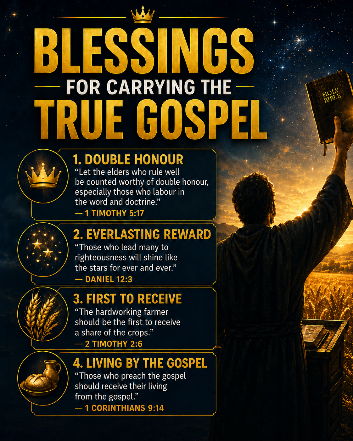 Four blessings for carrying the true gospel double honour everlasting reward first to receive living by the gospel