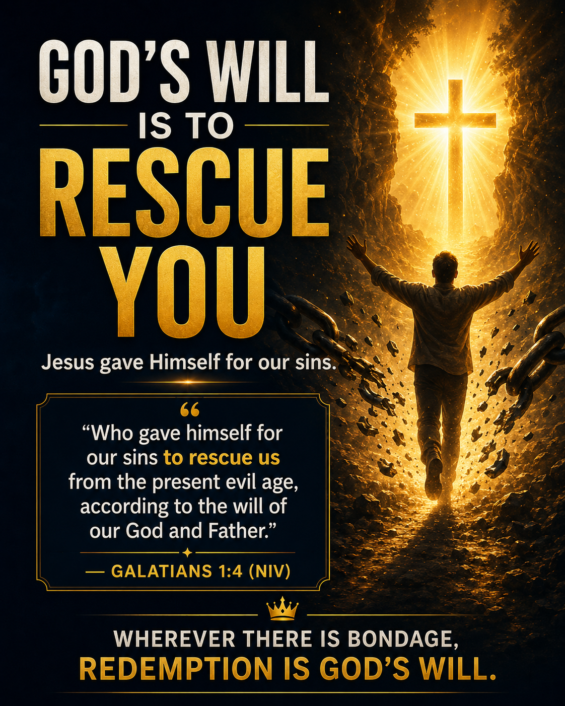 Gods will is to rescue you Jesus gave himself for our sins Galatians 1:4