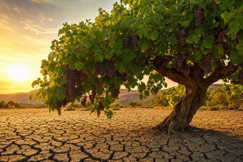 Vine tree bearing fruit in drought landscape