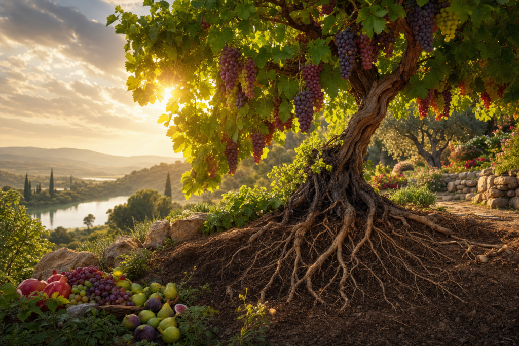 Vine and fruit tree bearing fruit in warm light — gospel fruitfulness illustration