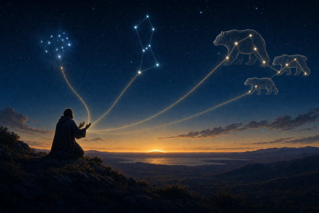 Teaching illustration: believer praying before dawn while sun is below horizon, connected constellations represent heavenly ordinances
