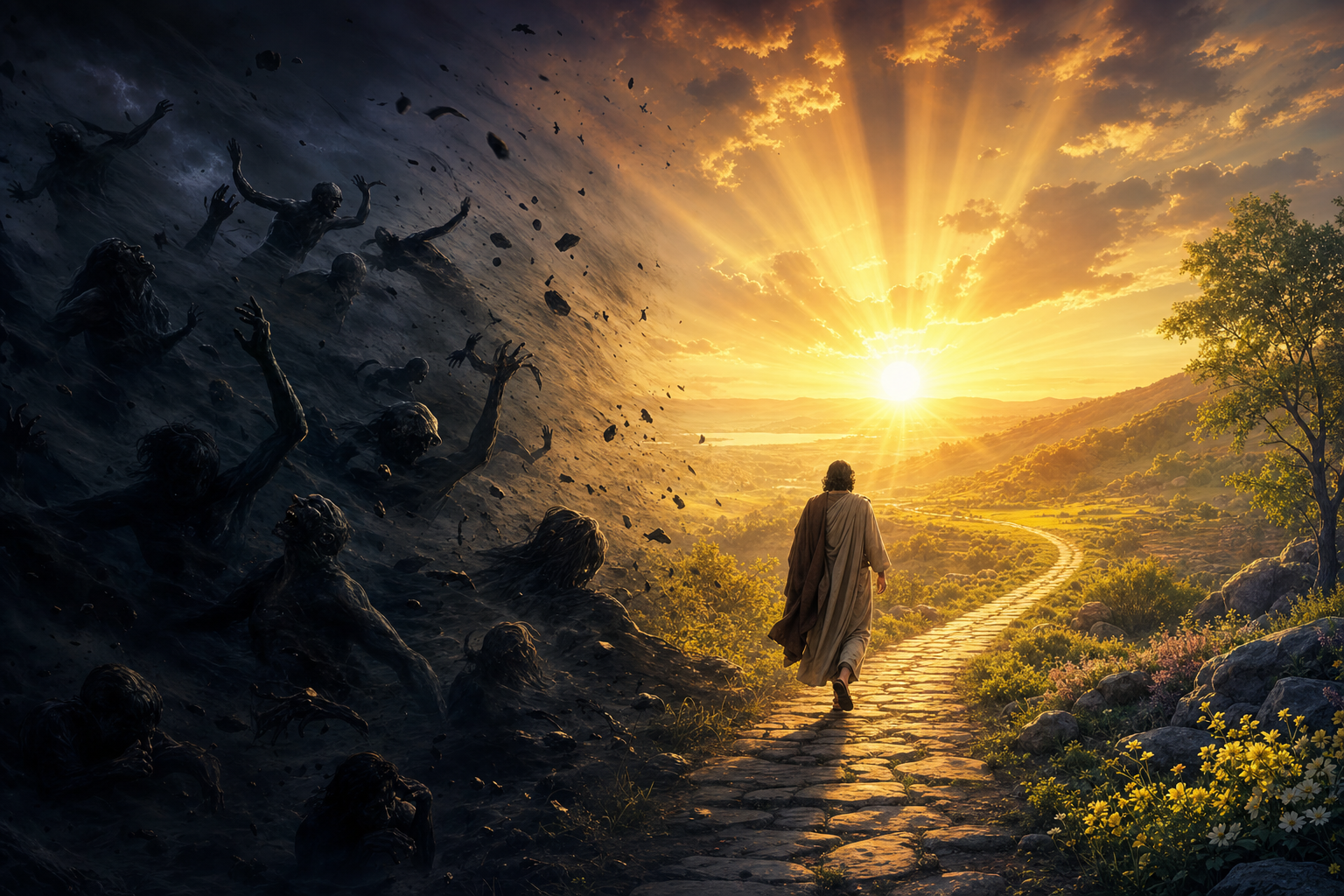 Teaching illustration: darkness pushed away as dawn breaks, metaphor for the sun shaking wickedness out before the day begins