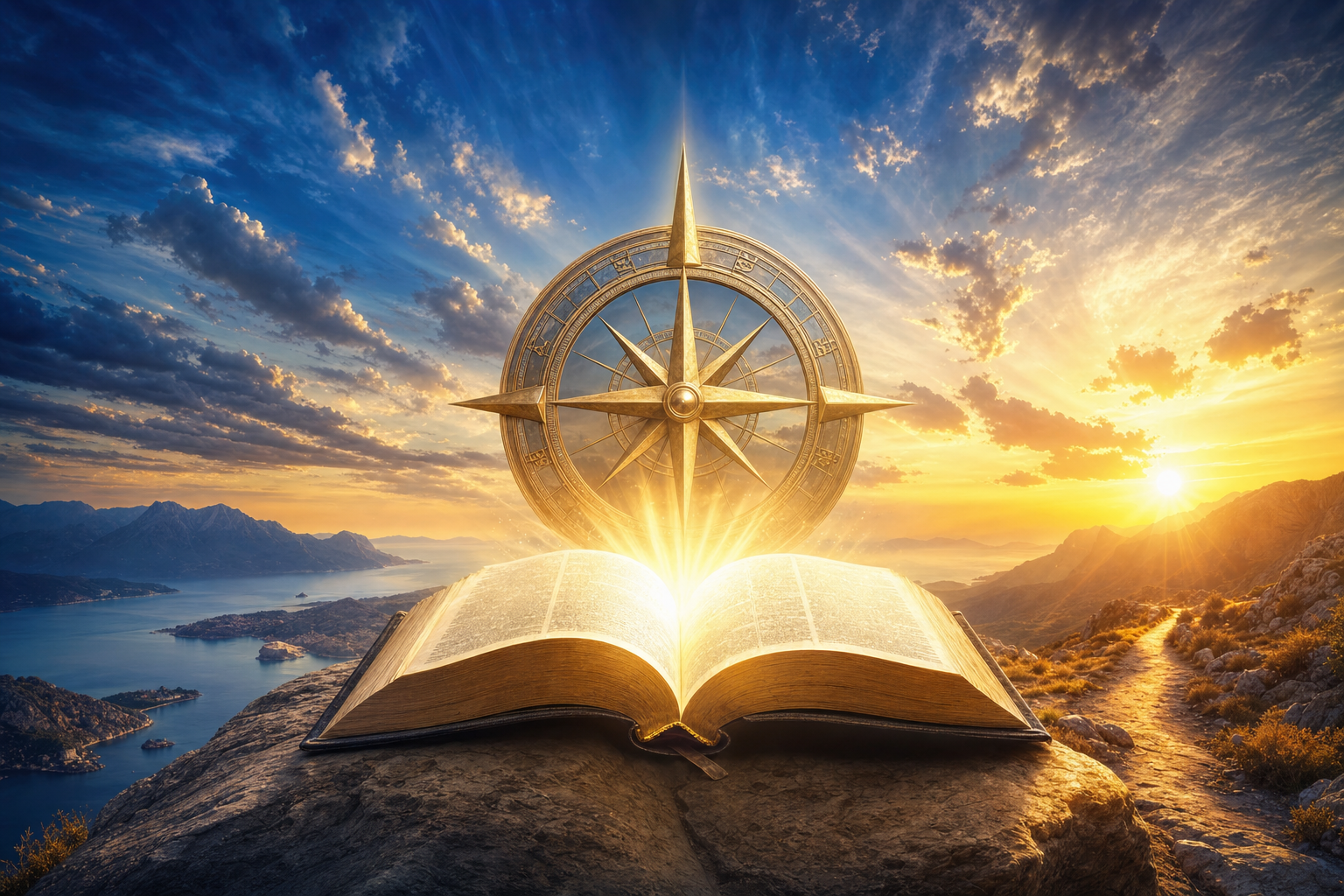 Wide horizontal faith banner of compass and Bible symbolising divine direction from Scripture