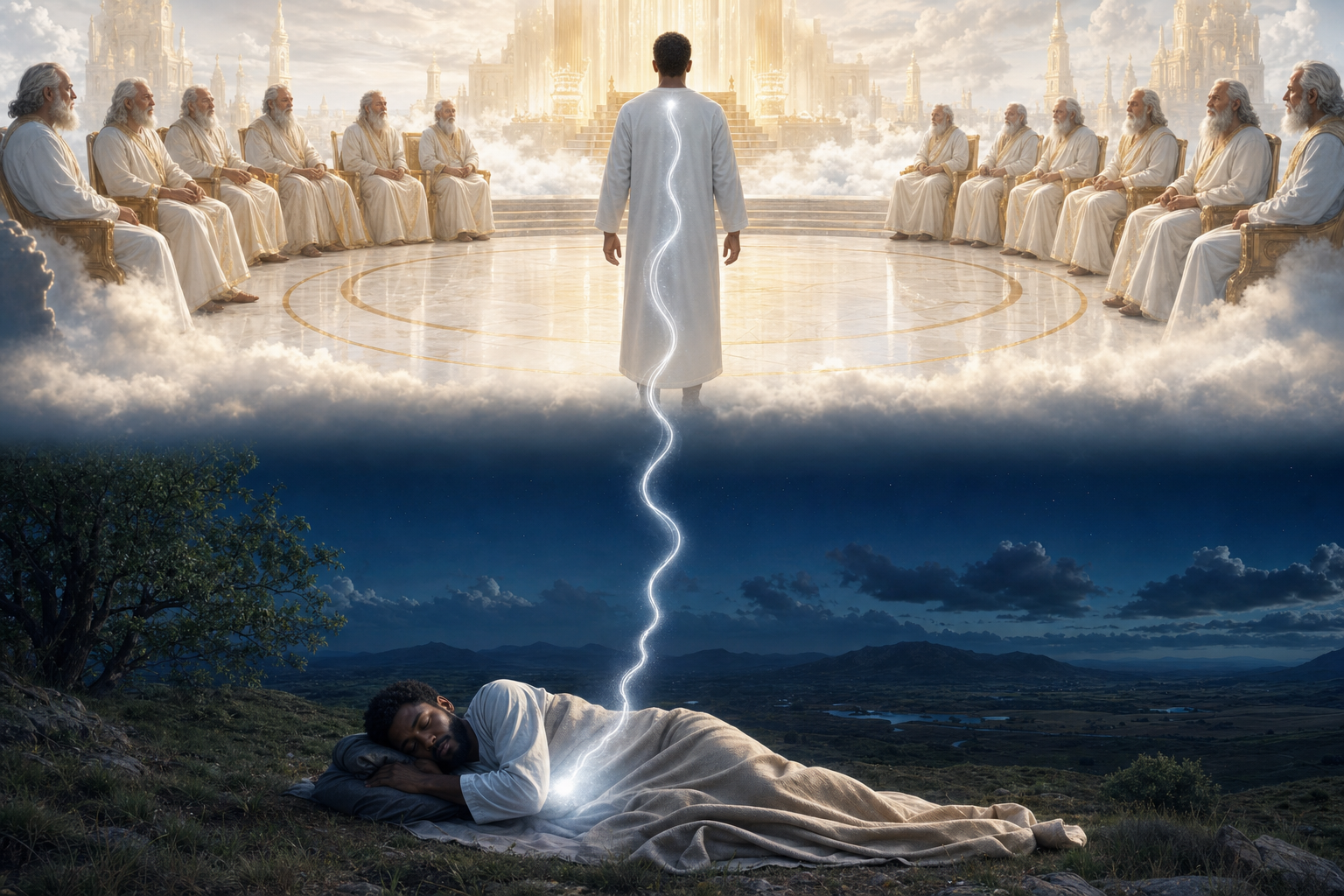 Teaching illustration: believer on earth connected by silver cord to Mount Zion in heaven