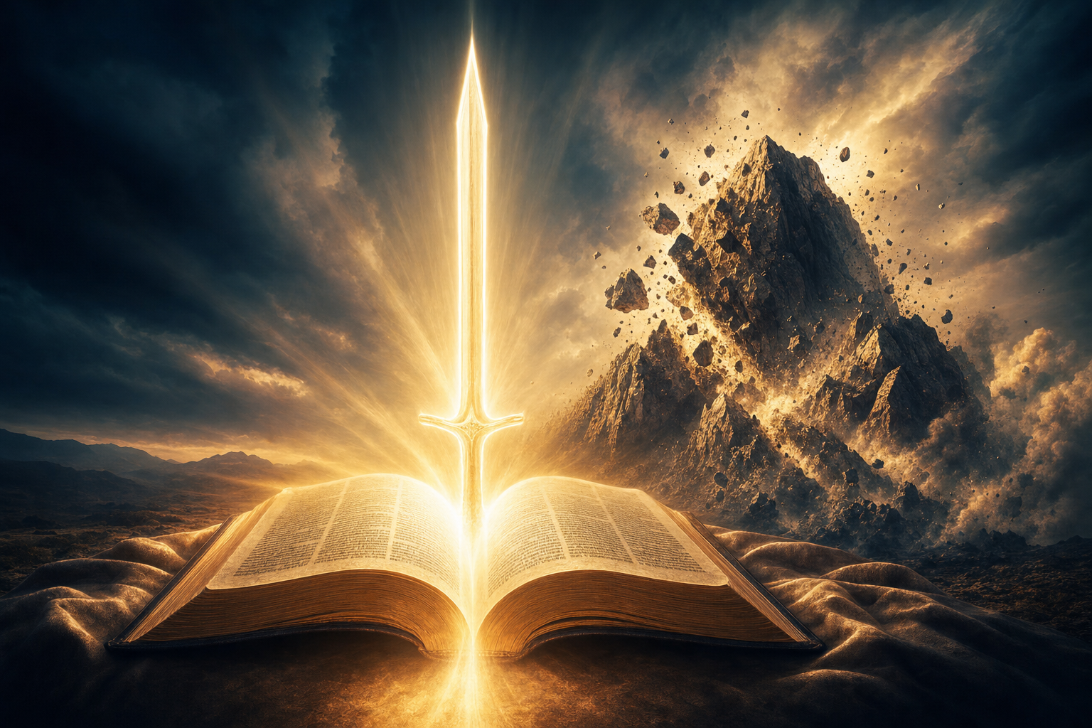 Concept illustration of God's word as a sword moving mountains