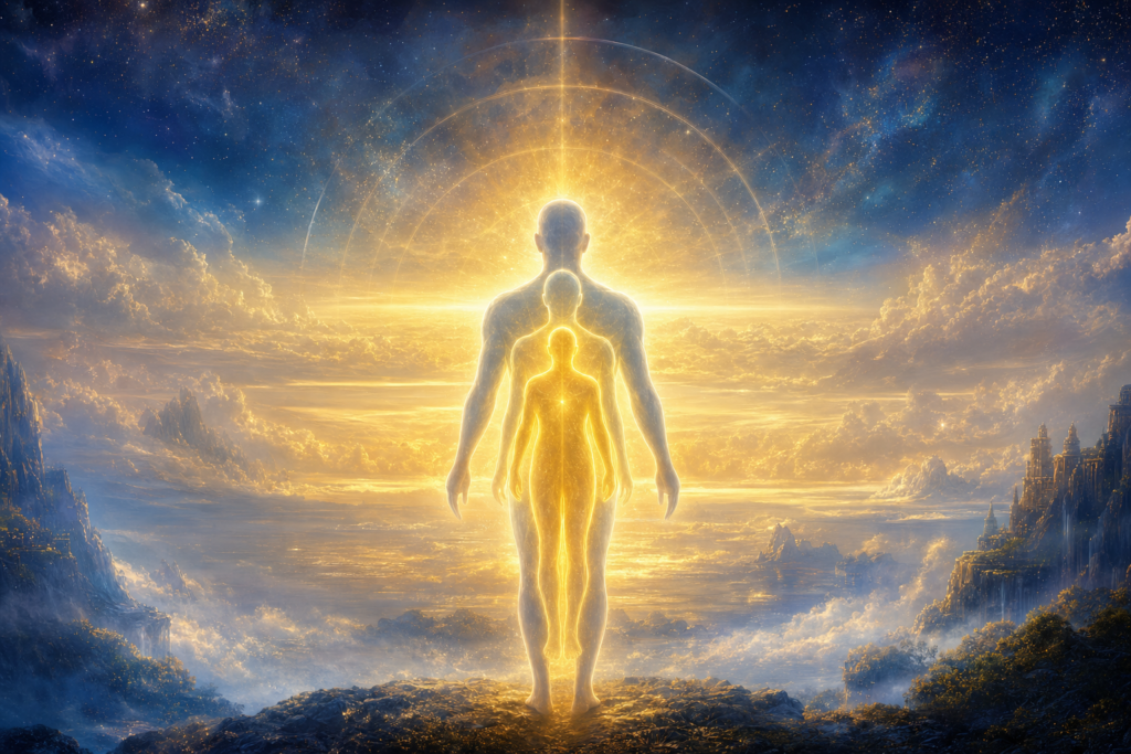 Wide horizontal faith banner of spirit soul and body unified in divine light
