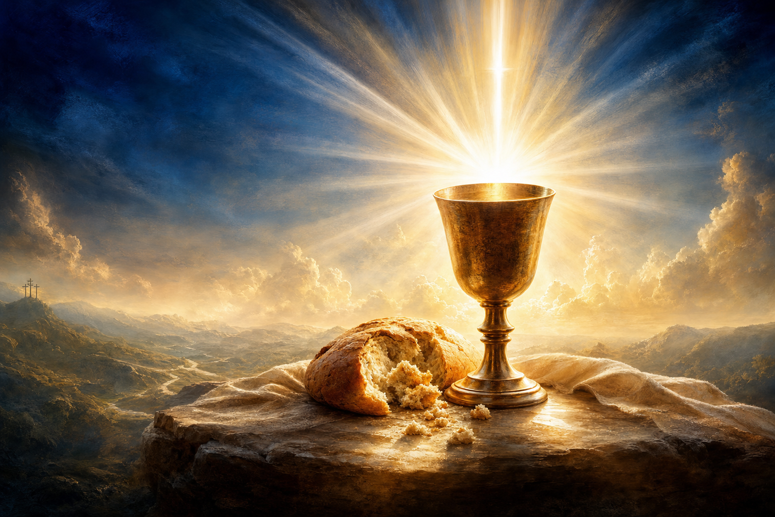 Communion bread and cup radiating divine revelation light