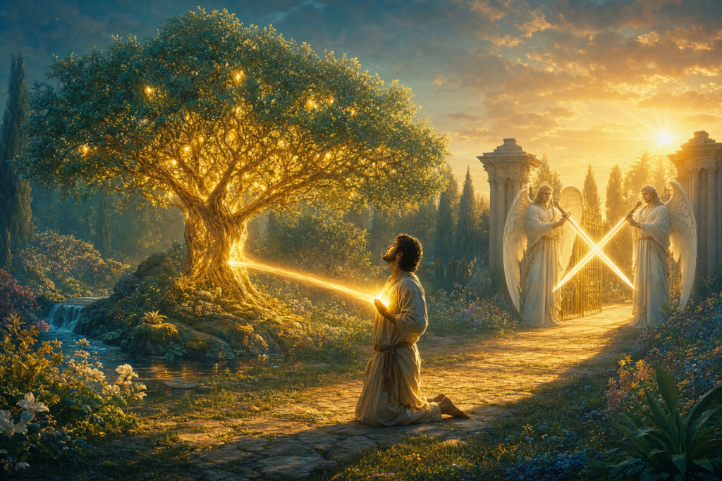 Tree of life in guarded garden with grace light entering a believer heart