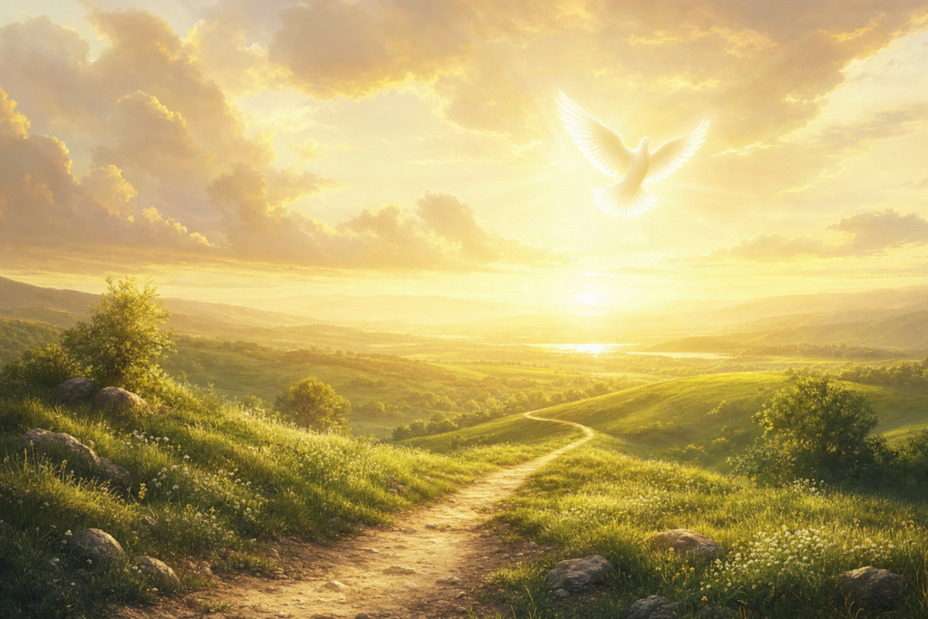 Wide horizontal faith banner with golden dawn light over peaceful hills and a dove suggesting Holy Spirit guidance