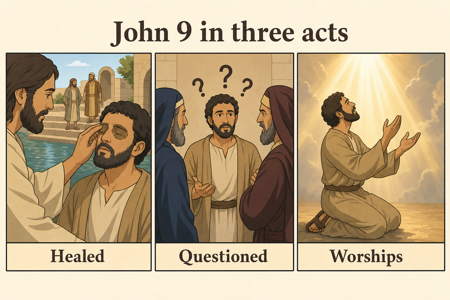 John 9 healed questioned worships three panels