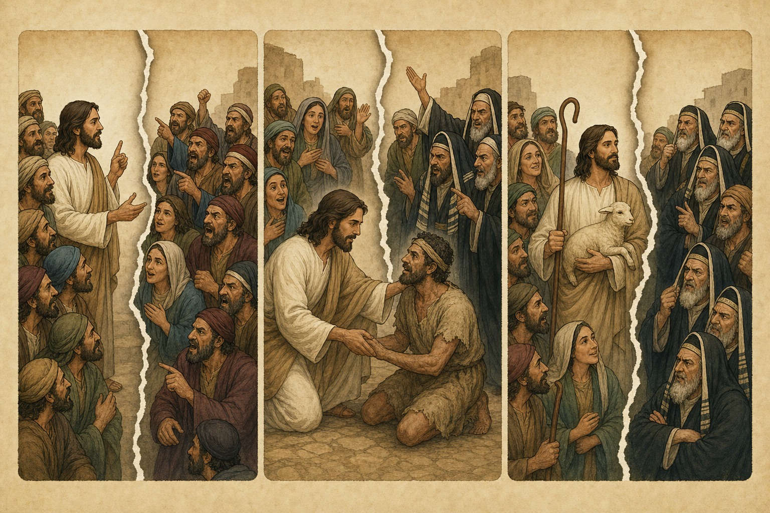 Three panels showing crowds tearing apart when Jesus speaks, heals, and claims I AM