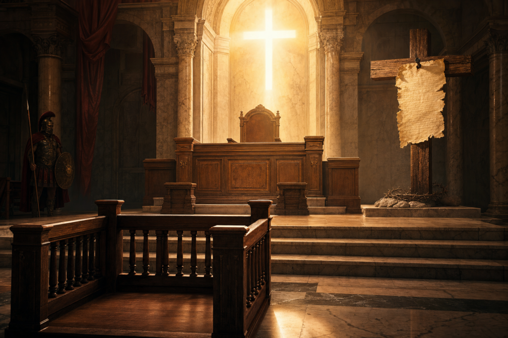 Empty courtroom dock with divine light on the judge bench and charge sheet nailed to cross — Romans 8 no condemnation