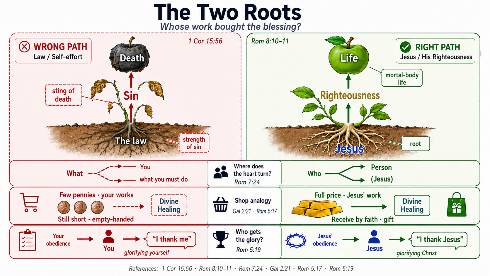 The Two Roots: strength of sin is the law at the roots; sting of death is sin on the stem; wrong path vs Jesus righteousness life