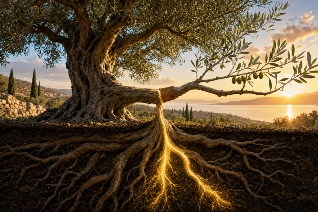Grafted olive branch nourished by root sap Romans 11