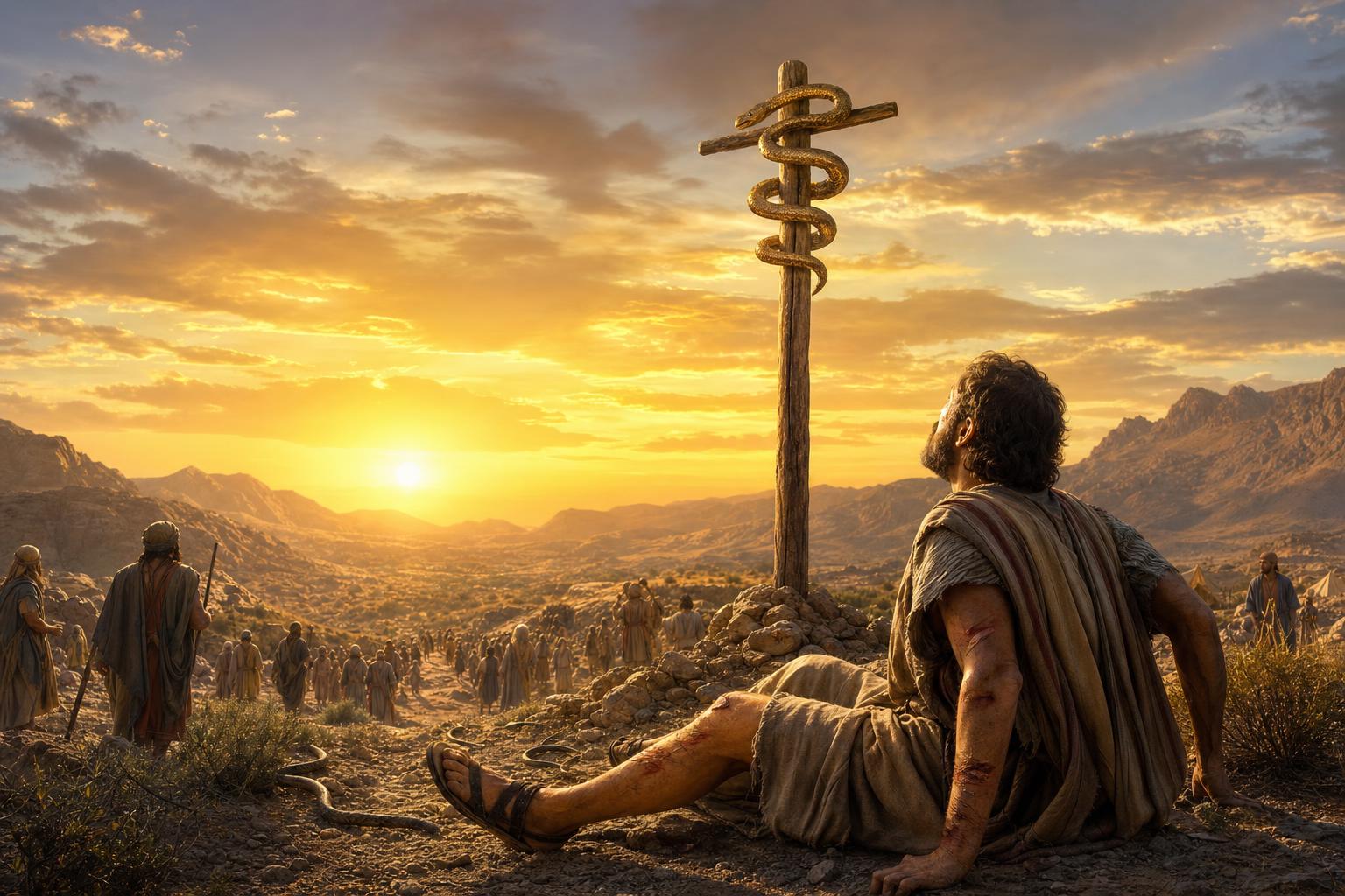 Bronze serpent lifted on pole — look at Christ not the bite