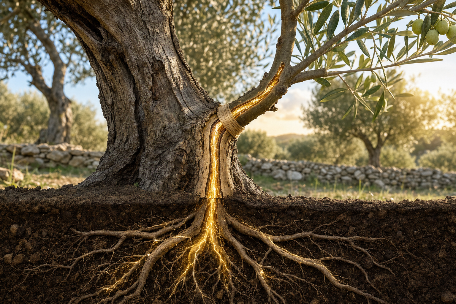 Wild olive branch grafted into the cultivated tree — the root supports you