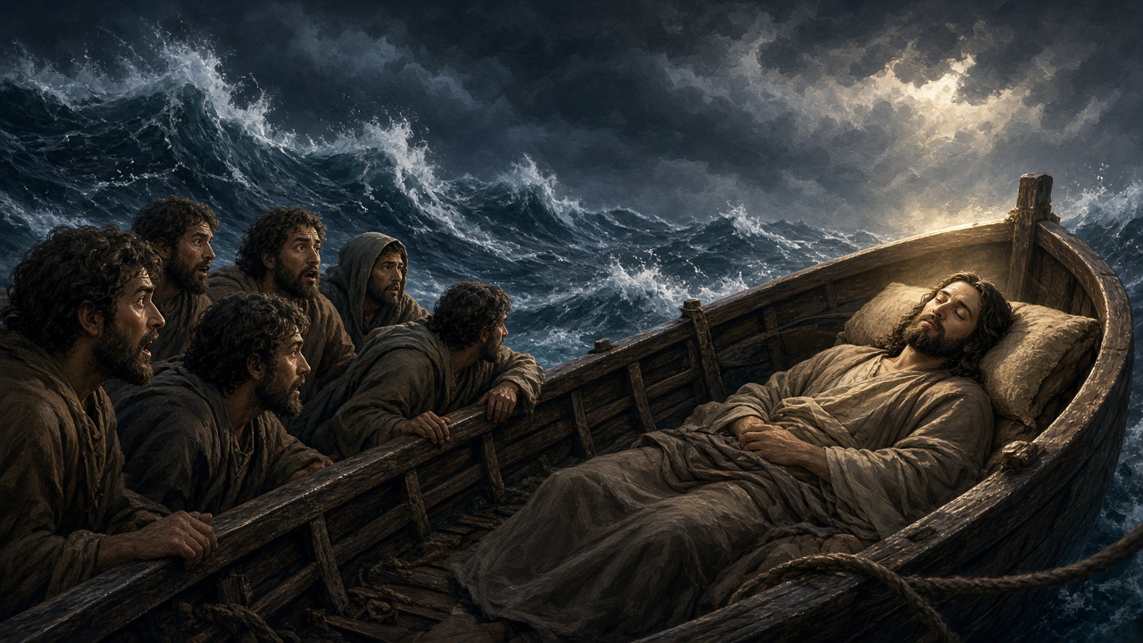 Boat in storm with Jesus resting peacefully — inherit easily by faith