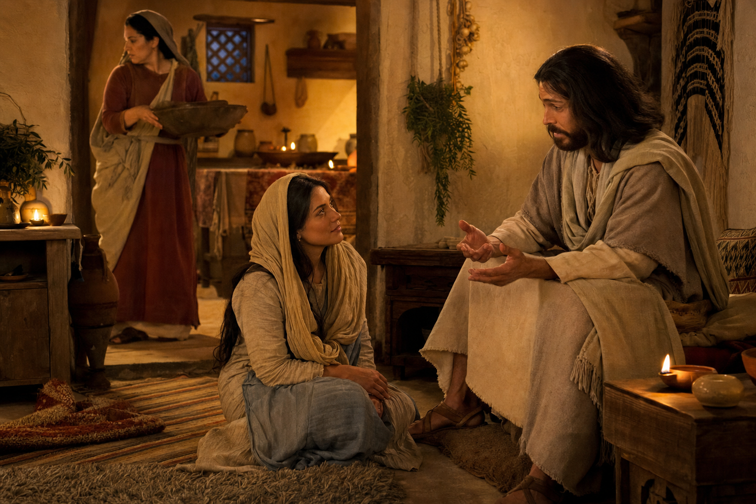 Mary seated at Jesus feet listening while Martha serves in the background