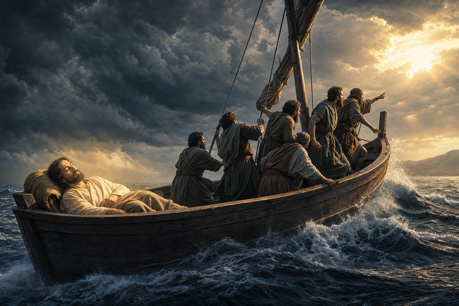 Peaceful rest in the boat while storm waves rage around